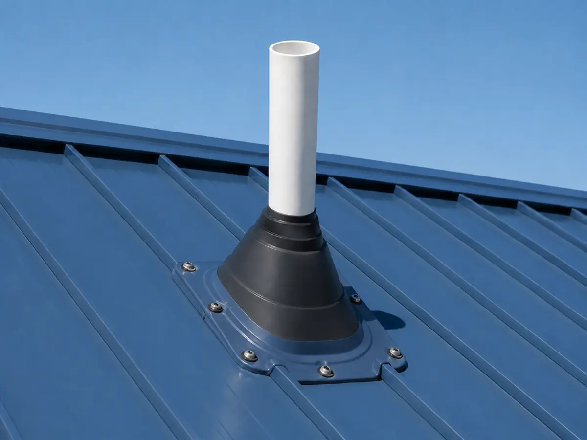 White plumbing vent stack with a flexible pipe boot installed on a blue standing seam metal roof