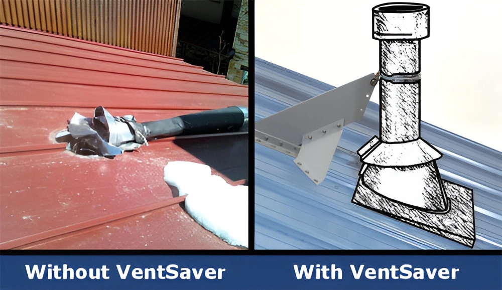 Comparison showing a damaged roof vent without VentSaver and a protected vent pipe with VentSaver on a metal roof