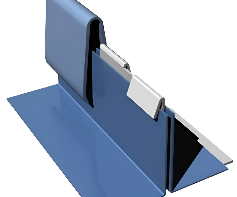Standing seam metal roof panel profile showing a nonpenetrating clamp attached to the seam