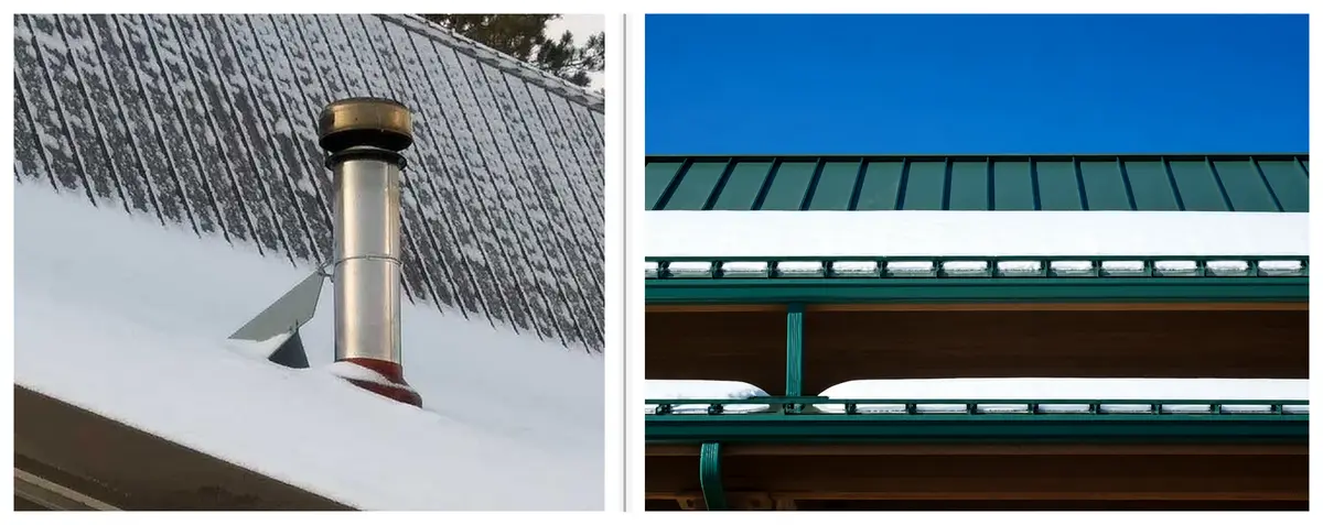 Side-by-side comparison of VentSaver vent protection at a chimney and a metal roof snow-retention system